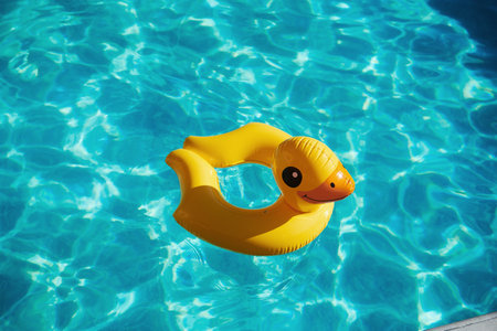 Top view of yellow duck toy for swimming in the pool at daytimeの写真素材