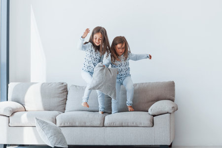 Pillow fight. Two cute little girls indoors at home together. Children having funの写真素材