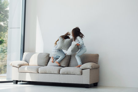 Pillow fight. Two cute little girls indoors at home together. Children having funの写真素材