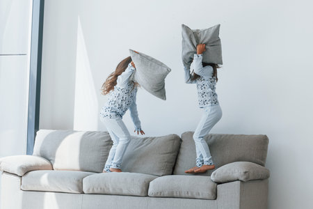 Pillow fight. Two cute little girls indoors at home together. Children having funの写真素材