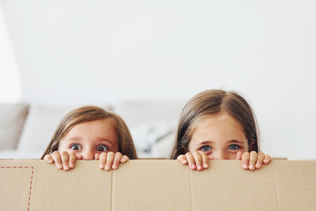 Sitting in the paper box. Two cute little girls indoors at home together. Children having funの写真素材