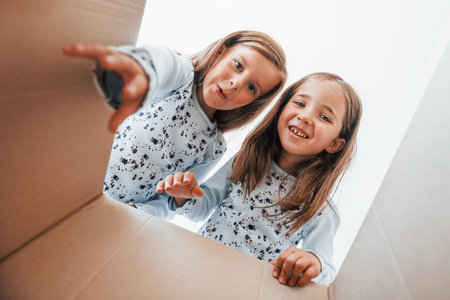 Looking inside of paper box. Two cute little girls indoors at home together. Children having funの写真素材