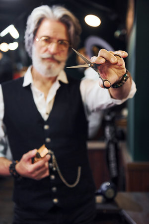 Holds barbershop equipment. Stylish modern senior man with gray hair and beard is indoorsの写真素材