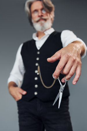 Barbershop tools. Against grey background. Stylish modern senior man with gray hair and beard is indoorsの写真素材