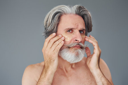 Taking care of skin. Stylish modern senior man with gray hair and beard is indoorsの写真素材