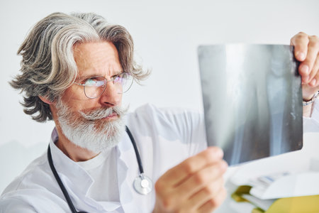 Looks at x-ray. Senior male doctor with grey hair and beard in white coat is indoors in clinicの写真素材