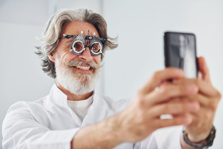 Senior man with grey hair and beard is in ophthalmology clinic smiles and holds smartphone