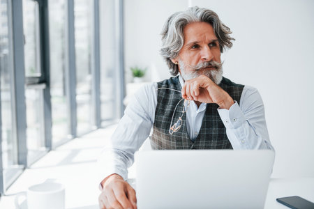 Senior stylish modern man with grey hair and beard indoorsの写真素材