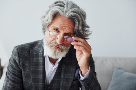 Sits on comfortable sofa in formal clothes. Senior stylish modern man with grey hair and beard indoorsの写真素材