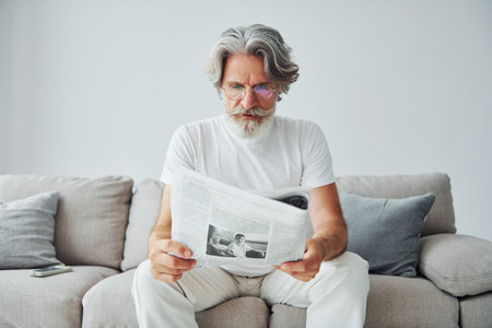 Sits on the sofa. Senior stylish modern man with grey hair and beard indoorsの写真素材