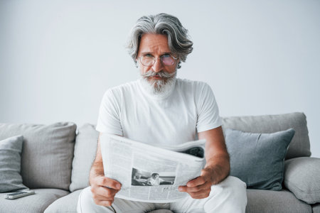 Sits on the sofa. Senior stylish modern man with grey hair and beard indoorsの写真素材