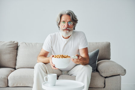 Watching TV show and eats popcorn. Senior stylish modern man with grey hair and beard indoorsの写真素材
