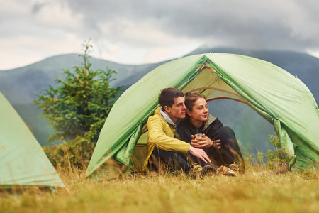 Looking at view. Majestic Carpathian Mountains. Beautiful landscape of untouched natureの写真素材