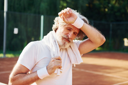 Tired senior modern stylish man outdoors on the sportive field at daytimeの写真素材
