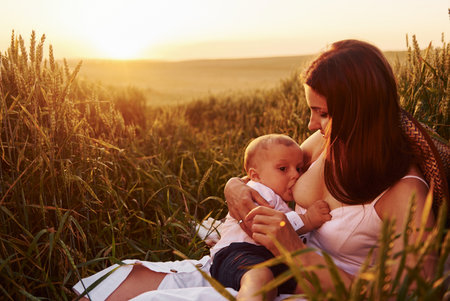 Happy mother breastfeeding her son on the field at sunny day time of summerの写真素材
