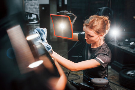 Final polishing. Modern black automobile get cleaned by woman inside of car wash stationの写真素材