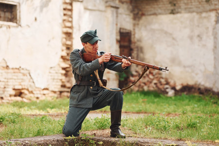 TERNOPIL, UKRAINE - June 2020 UPA Ukrainian Insurgent Army movie filming. Pictures of backstage. Young soldier with weaponのeditorial素材