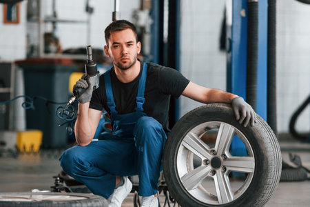 Man in work uniform sitting with car wheel indoors. Conception of automobile serviceの写真素材