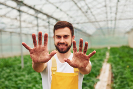Shows dirty hands after work. Young greenhouse worker in yellow uniform have job inside of hothouseの写真素材