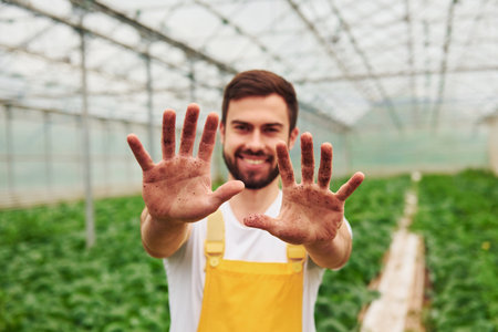 Shows dirty hands after work. Young greenhouse worker in yellow uniform have job inside of hothouseの写真素材