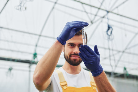 Holds test tube with water. Young greenhouse worker in yellow uniform have job inside of hothouseの写真素材