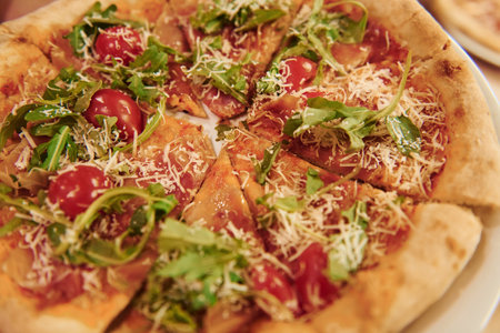 Close up view of fresh cooked pizza. Conception of food and serviceの写真素材