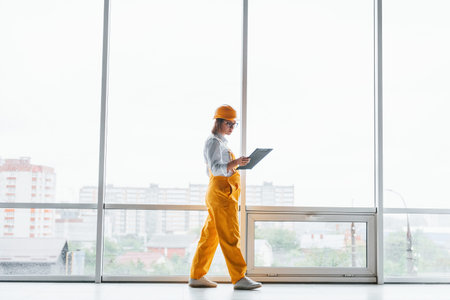 Near big window. Female worker or engineer in yellow uniform and hard hat standing indoors