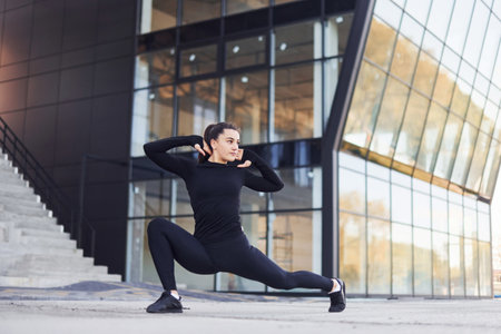 Young brunette in sportive clothes have fitness day outdoors in the cityの写真素材