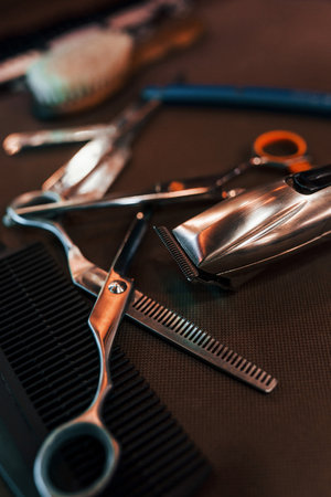 Close up view of vintage barber shop tools that lying down on the tableの写真素材