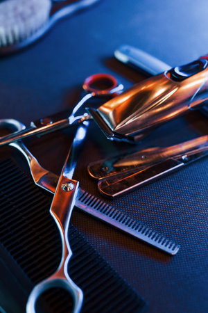 Close up view of vintage barber shop tools that lying down on the tableの写真素材