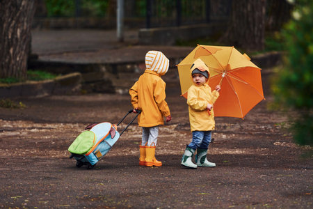 Two kids with umbrella, suitcase and yellow waterproof cloaks and boots walking outdoors after the rain togetherの写真素材