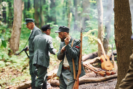 TERNOPIL, UKRAINE - June 2020 UPA Ukrainian Insurgent Army movie filming. Pictures of backstage. Soldiers in the forestのeditorial素材