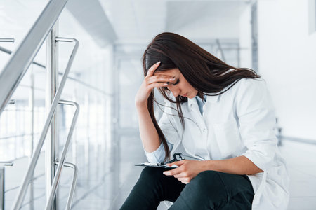 Young nurse reading documents indoors in modern clinic. Conception of healthcareの写真素材