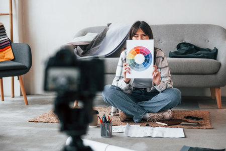 Camera is on the floor. Young female freelance worker is indoors in home at daytimeの写真素材