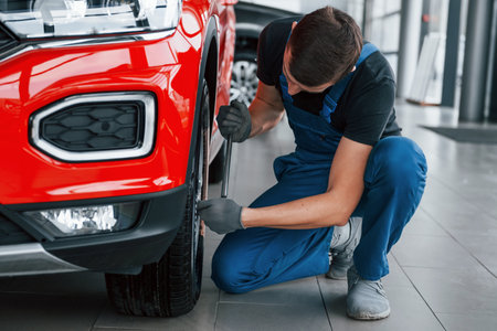 Man in uniform changing tire of automobile. Conception of car serviceの写真素材