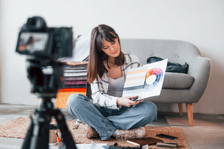 Camera is on the floor. Young female freelance worker is indoors in home at daytimeの写真素材