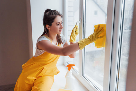 Housewife in yellow uniform cleaning windows. House renovation conceptionの写真素材
