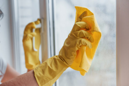 Housewife in yellow uniform cleaning windows. House renovation conceptionの写真素材