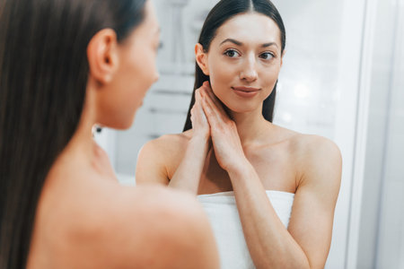 Making care of her skin. Young caucasian woman with slim body shape is indoors at daytimeの写真素材