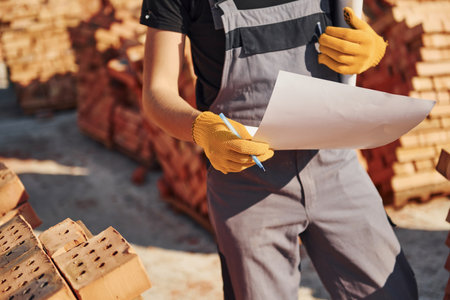 Holding plan in hands. Construction worker in uniform and safety equipment have job on buildingの写真素材