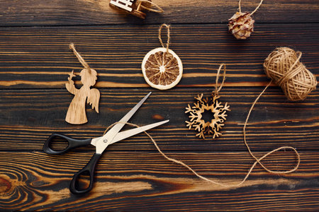 Wooden toys. Top view of christmas festive texture with new year decorationsの写真素材