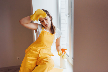 Tired housewife in yellow uniform takes a break indoors. House renovation conception