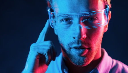 In glasses with display. Neon lighting. Young european man is in the dark studioの写真素材