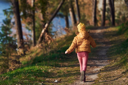 Rear view of little girl in warm clothes that walks on footpath in forestの写真素材