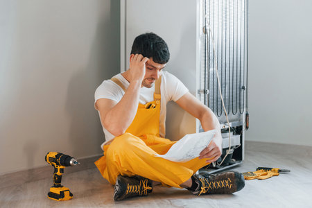 Confused handyman in yellow uniform reading manual for fridge indoors. House renovation conceptionの写真素材