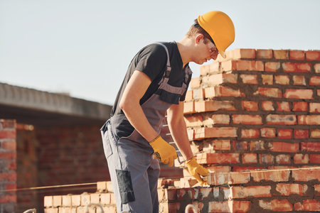 Installing brick wall. Construction worker in uniform and safety equipment have job on buildingの写真素材