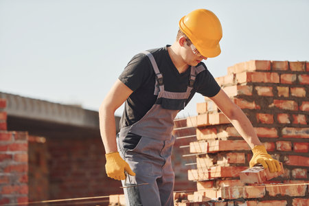 Installing brick wall. Construction worker in uniform and safety equipment have job on buildingの写真素材