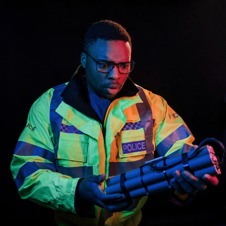 Policeman with bomb. Futuristic neon lighting. Young african american man in the studioの写真素材