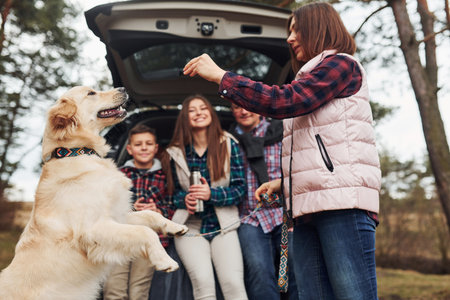Happy family have fun with their dog near modern car outdoors in forestの写真素材