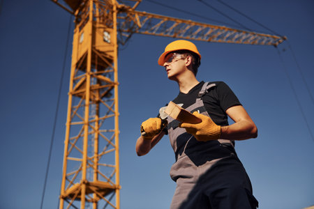 Holds brick and tool in hands. Construction worker in uniform and safety equipment have job on buildingの写真素材